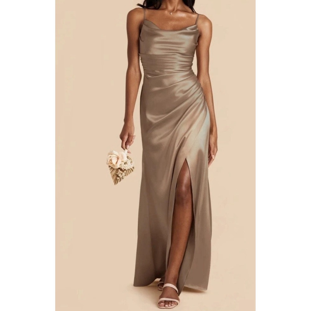 Birdy Grey Lisa Cowl Neck Satin Gown Taupe Corsetโ Ruched Maxi Dress Slit Medium